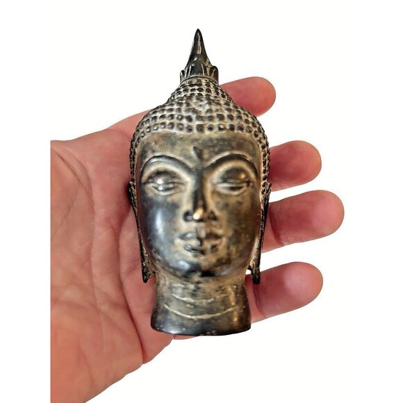 Thai Buddha Head Antique 4.25" Statue Figurine Bronze - Picture 10 of 10